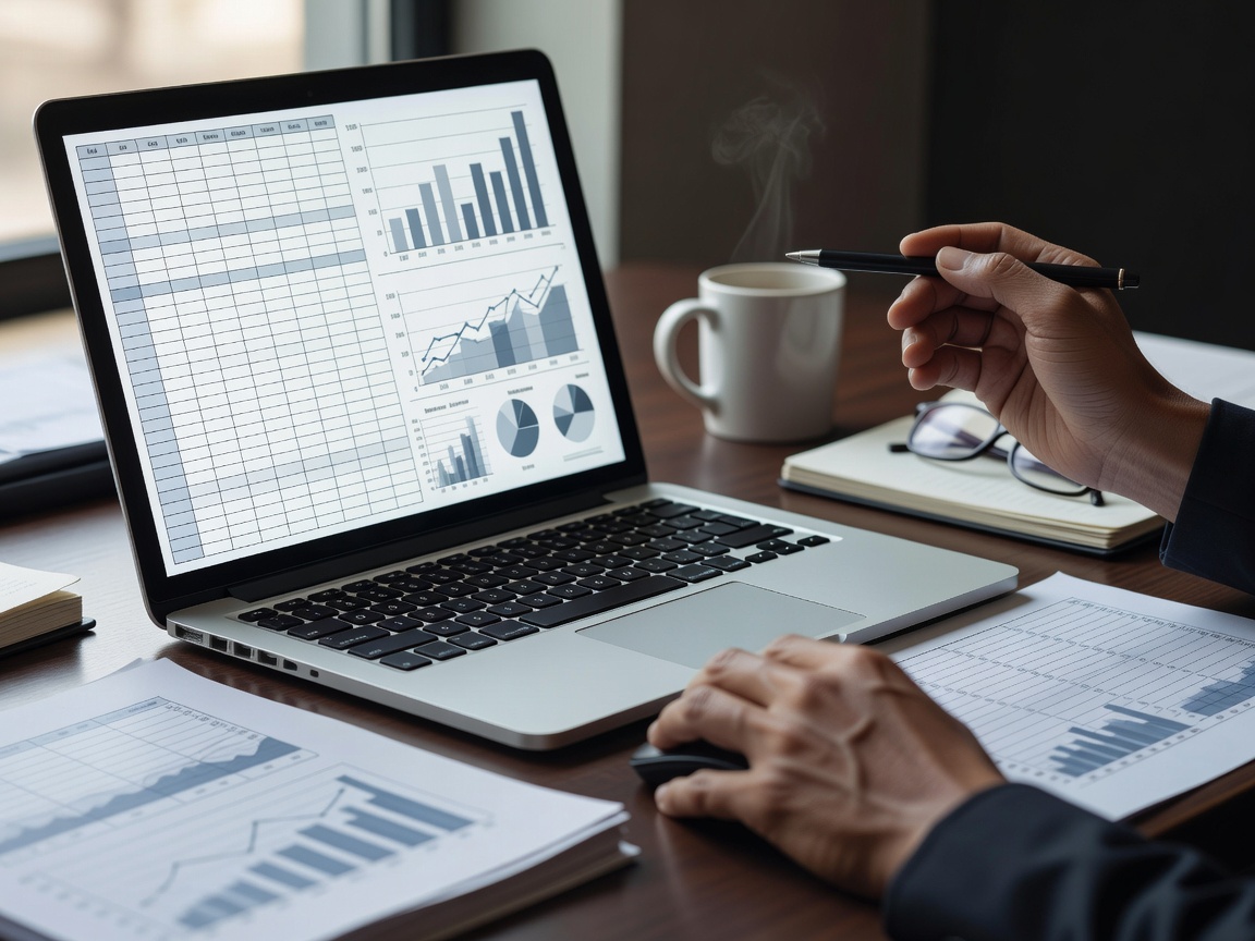 Analyzing financial spreadsheets on a laptop