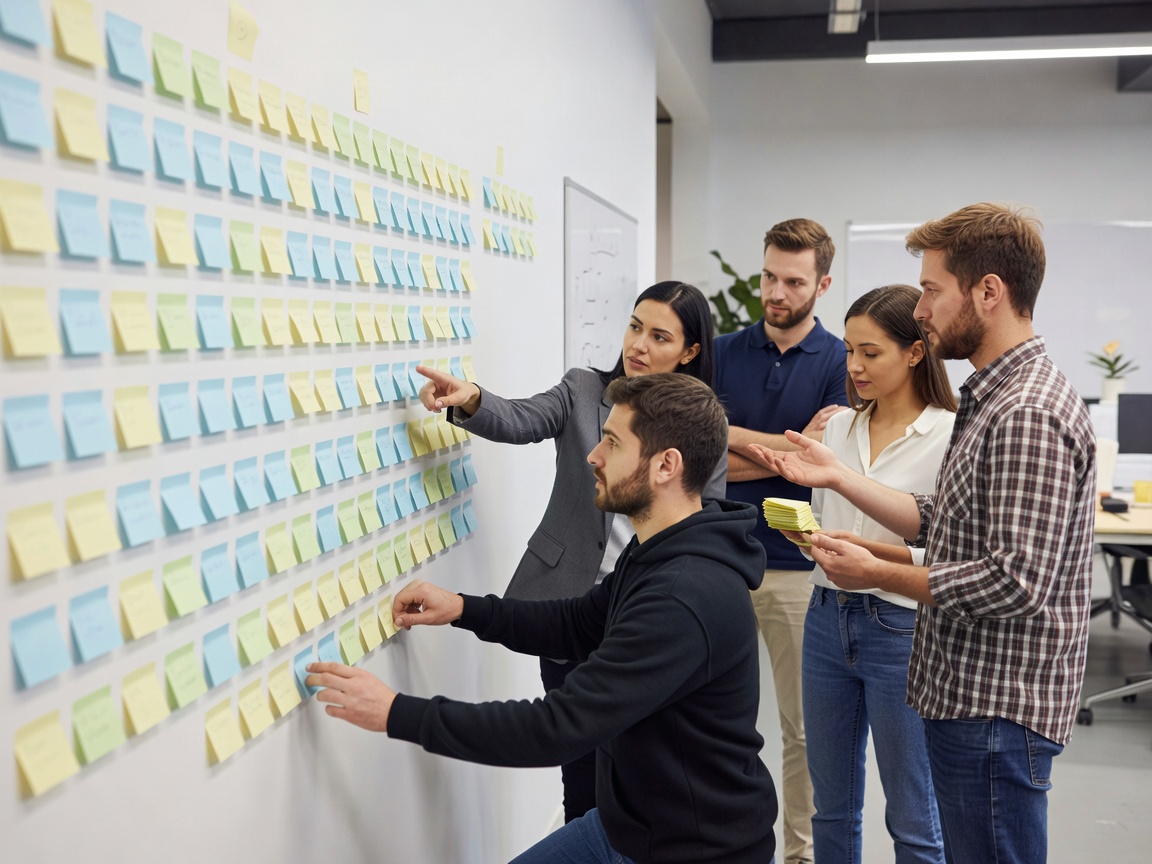 Team mapping out a lean project on a physical wall